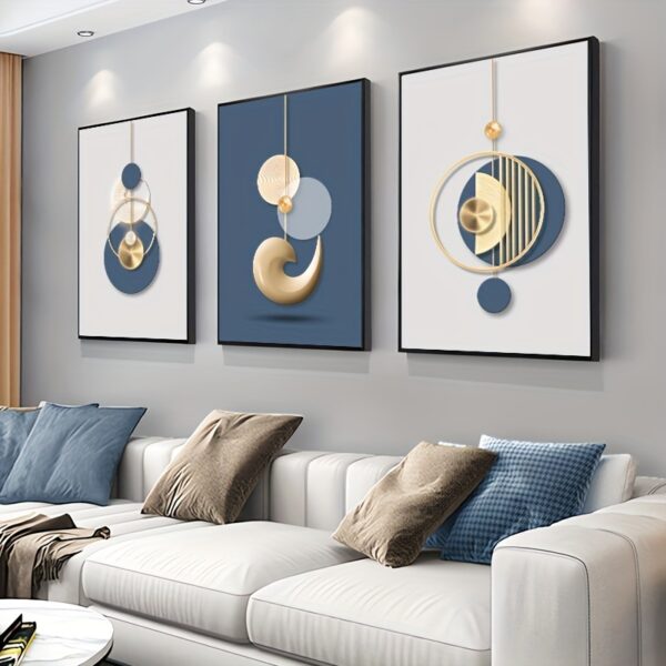 3pcs Set Modern Wall Art Painting Golden Blue Abstract Graphic Poster Luxury Style Creative HD Picture Large Canvas Print Minimalist Home Decoration, Living Room Decor, Office Room Decor, Frameless, 50.04x70.1cm