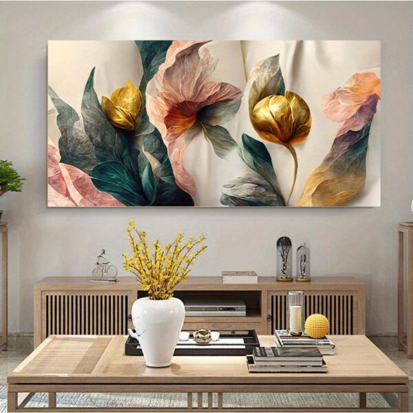 1pc Canvas Poster, Retro Art, Golden Green Pink Flowers Posters Wall Art Canvas Painting, Ideal Gift For Bedroom Living Room Corridor, Wall Art, Wall Decor, Fall Decor, Wall Decor, Room Decoration, No Frame