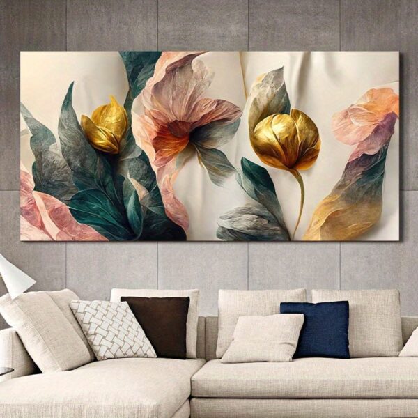 Second image of 1pc Canvas Poster, Retro Art, Golden Green Pink Flowers Posters Wall Art Canvas Painting, Ideal Gift For Bedroom Living Room Corridor, Wall Art, Wall Decor, Fall Decor, Wall Decor, Room Decoration, No Frame