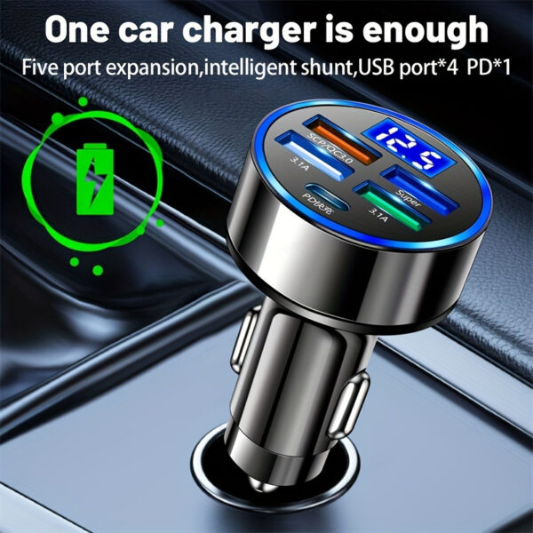 Second image of 4-Port USB Car Charger Adapter with PD & QC 3.0 Fast Charge, Type C Compatible - Durable ABS Material