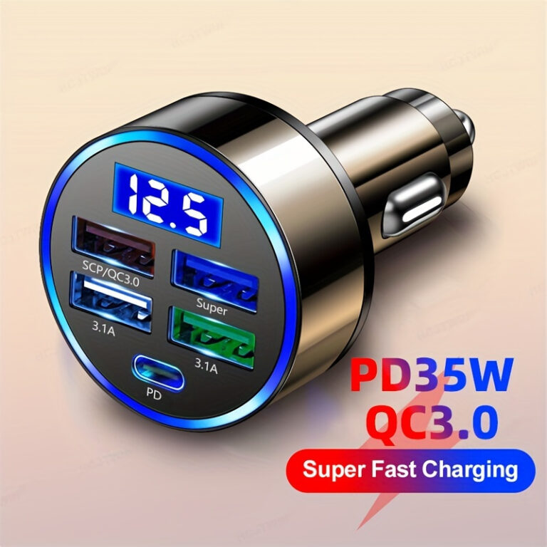 4-Port USB Car Charger Adapter with PD & QC 3.0 Fast Charge, Type C Compatible - Durable ABS Material