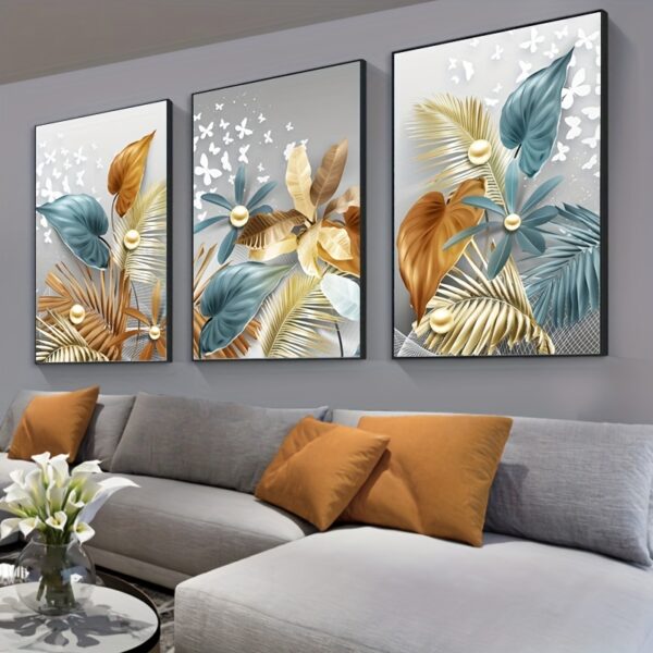 Second image of 3pcs Abstract Canvas Paintings, Luxury Butterfly Golden Leaves Canvas Wall Art, Artwork Wall Painting For Bathroom Bedroom Office Living Room Home Wall Decor, No Frame