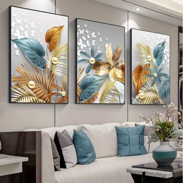 3pcs Abstract Canvas Paintings, Luxury Butterfly Golden Leaves Canvas Wall Art, Artwork Wall Painting For Bathroom Bedroom Office Living Room Home Wall Decor, No Frame