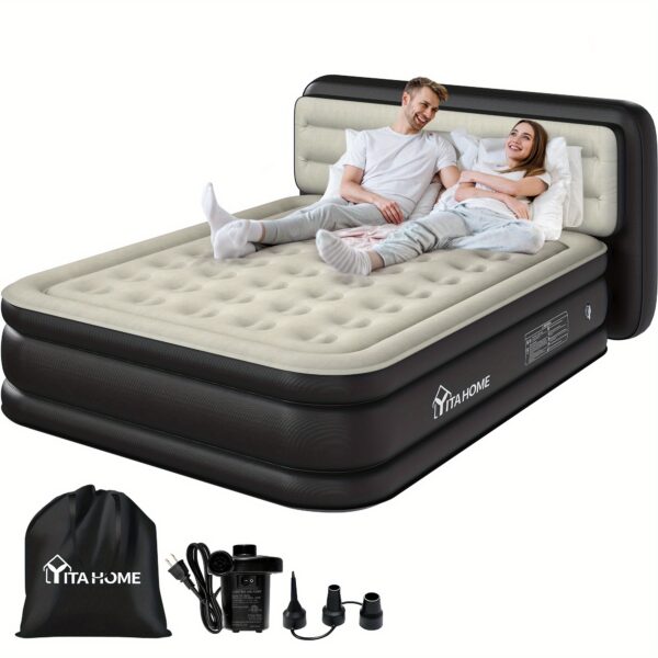 Second image of Vertical backrest inflatable mattress|black bed side + gray top|Queen, inflatable bed size 76.77*59.84*15.75inch, load- bearing over 551.16LB, material thickness 0. 35mmPVC+top 0. 2mm flocking