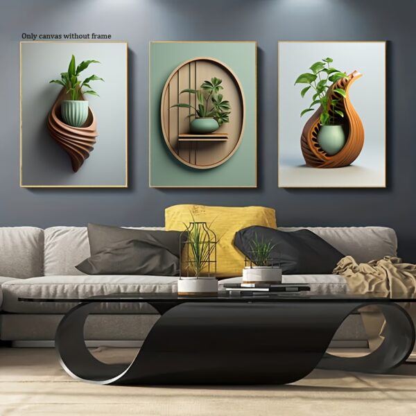 Second image of 3pcs/set Art Canvas Print Posters, Wood Carving Ceramic Green Plant Potted Flower Canvas Wall Art Paintings, Artwork Wall Painting For Living Room Bedroom Bathroom Office Hallway Wall Decors, No Frames