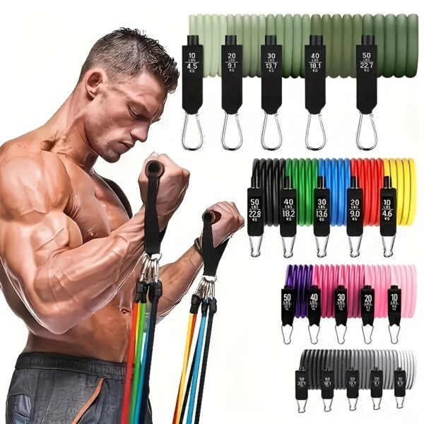 Second image of 11pcs TPE Resistance Bands Set, Resistance Bands With Door Anchor, Handles, Carry Bag, Legs Ankle Straps, Exercise Bands, Workout Bands, For Home Gym, Fitness, Yoga & Pilates, Suitable For Beginners