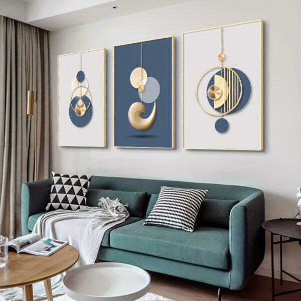 Second image of 3pcs Set Modern Wall Art Painting Golden Blue Abstract Graphic Poster Luxury Style Creative HD Picture Large Canvas Print Minimalist Home Decoration, Living Room Decor, Office Room Decor, Frameless, 50.04x70.1cm