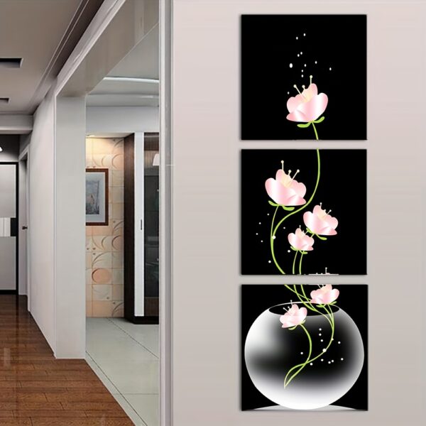 Second image of 3pcs Pink Flower Square Canvas Prints Painting, Wall Art Picture For Living Room Entrance Home Decoration, No Frames