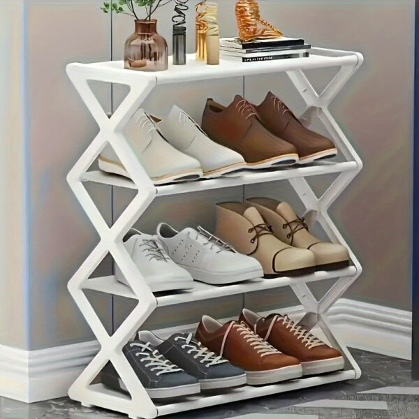 Second image of A black metal and plastic retro-style 4-layer folding shoe rack, floor-mounted space-saving storage organizer, can hold 12 pairs of shoes, no electricity required, suitable for home and kitchen essentials, foldable boot rack