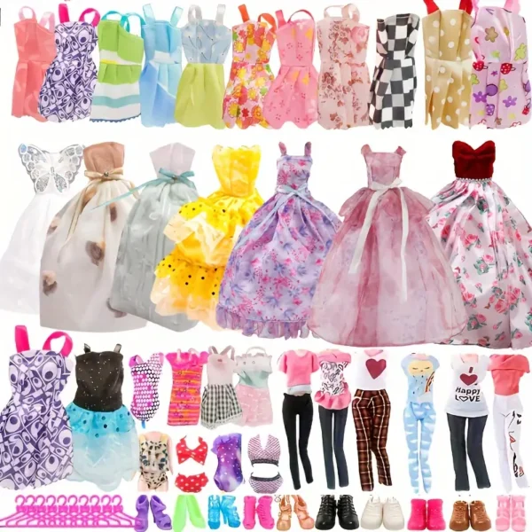 Second image of 42pcs Doll Accessories, 3pcs Dresses, 4pcs Tops, 4pcs Pants, 3pcs Party Dresses, 2 Sets Swimsuit Bikini, 6pcs Stand Skirts, 10pcs Hangers 10pcs Shoes For 11.5 In Doll, No Doll, Christmas Gift