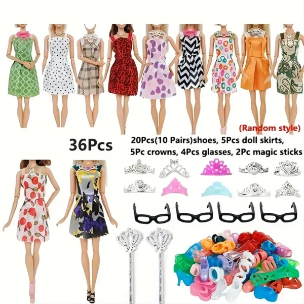 Second image of 32-Piece Ultimate Fashion Doll Wardrobe and Accessories Kit for 11.5-Inch Dolls - Includes Stylish Dresses, Trendy Shoes, Sparkling Crowns, and Magical Wands - Perfect for Creative Play, Ages 6-8 Years