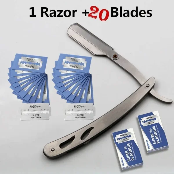 Stainless Steel Straight Razor Set with 20 Replacement Blades - Professional Manual Shaving Knife for Men, Barber-Quality Foldable Beard & Hair Removal Tool