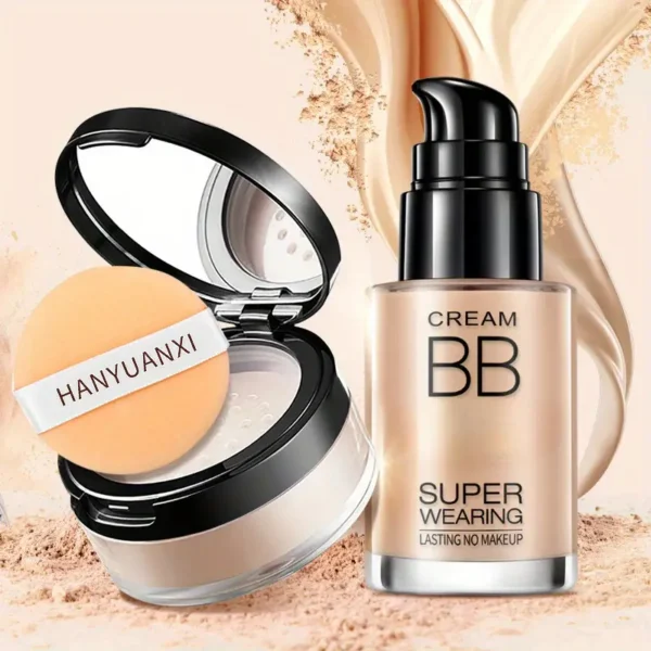 BB Cream liquid foundation+finishing powder Makeup Set 2pcs Moisture Isolating Cream concealer Cream Super Durable and Impeccable Cream Women's Cosmetic Set Holiday Gift