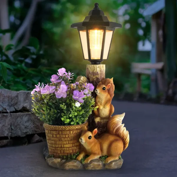 warehouseOutdoor Squirrels Flowerpot Garden Statues Sculpture Figurine Decor Solar Powered Light Planter Succulent(not include artificial flowers)