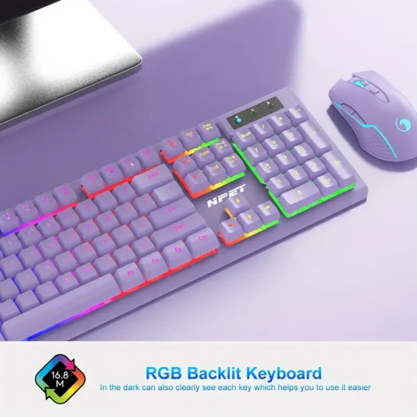 1pc NPET S21 Wireless Gaming Keyboard and Mouse Combo, RGB Backlit, Ergonomic Mechanical Feel, Quiet Design, Rechargeable Lithium Polymer Battery, Multimedia Controls, Type-C Charging, 2.4G/3G/4G/5G, No Charger Included