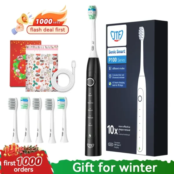 JTF Sonic Electric Toothbrush For Adults - Rechargeable Electric Toothbrushes With 6 Brush Heads & Holder, 1 Hour Charge For 40 Days Winter Gift