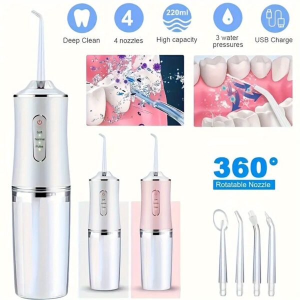 A portable rechargeable water flosser with 4 nozzles, USB rechargeable port dental rinse for deep cleaning teeth, ergonomic handle and multiple modes for home use.