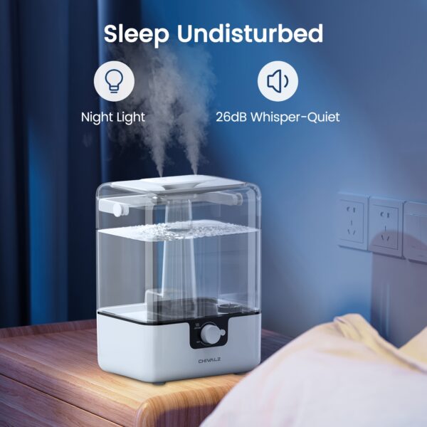 Second image of CHIVALZ 6L Humidifiers for Bedroom Large Room Home, Cool Mist Top Fill Humidifiers for Baby Nursery and Plants, 26dB Quiet, Nightlight, Up to 50 Hours, Oil Diffuser, 360° Nozzle, Anti-dry Burn, White