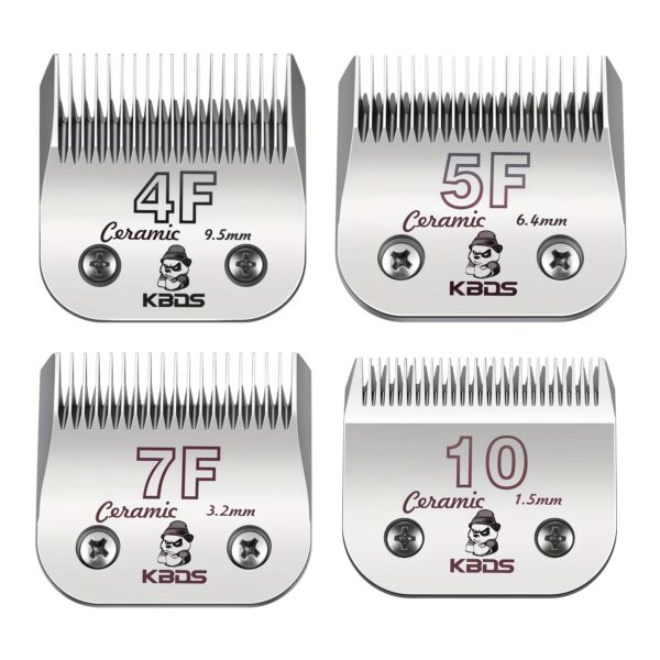 4 Pack Ceramic Detachable Blade, Professional KBDS Size 10/7F/5F/4F Pet Dog Grooming Clipper Set, Compatible With Andis, Oster A5, Wahl KM10 Series Clippers, Cut Length 1/16"(1.5mm) To 3/8"(9.5mm)