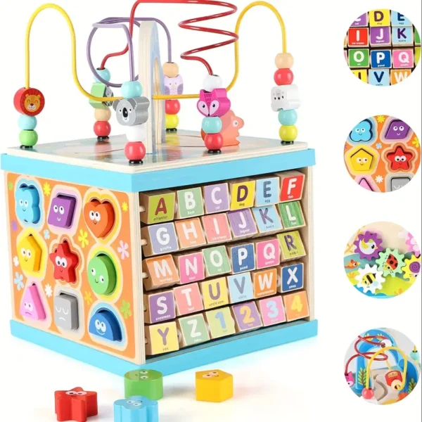 Wooden Activity Cube, 5-in-1 Toys For 1+ Year Old Boys & Girls, Educational Learning Toys For Toddlers Age 1-2, Multipurpose ABC-123 Abacus Bead Maze Shape Sorter