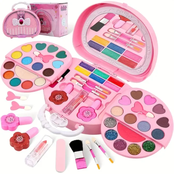 Second image of 3-Layer Washable Makeup Kit for Kids, Realistic Cosmetic Toys with Mirror, Brush, Lipsticks, Eyeshadows, and Accessories, Berry, Coral, Mixed, Pink, Purple Colors, Perfect for Christmas, Halloween Gifts